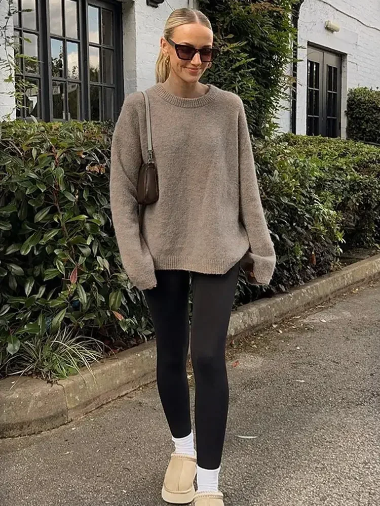 Autumn Brown Women Knitted Sweater Round Neck Loose Warm Long Sleeve Loose Pullover New Casual Lady Street Commuting Knit Tops