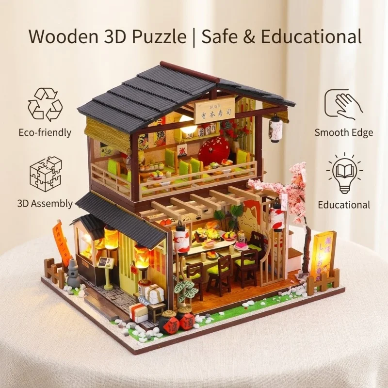 

OUZEY Japanese Style DIY Wooden Sushi Shop Miniature House Kit Handmade Assembly Restaurant Model Teens Desk Decor Creative Gift