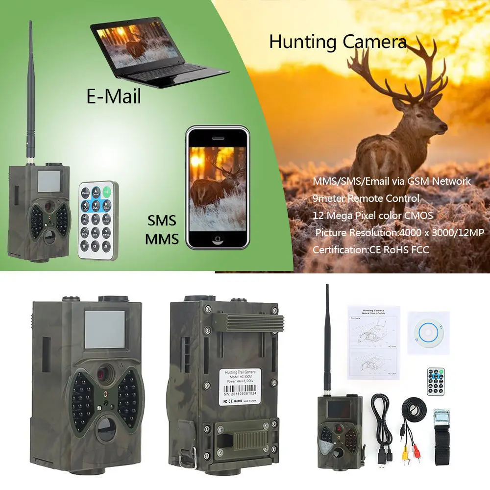 Wireless Hunting Trail Camera, Wildlife Cameras, Photo Trap, Night Vision, Surveillance Tracking, 2G MMS SMTP, HC300M, 16MP