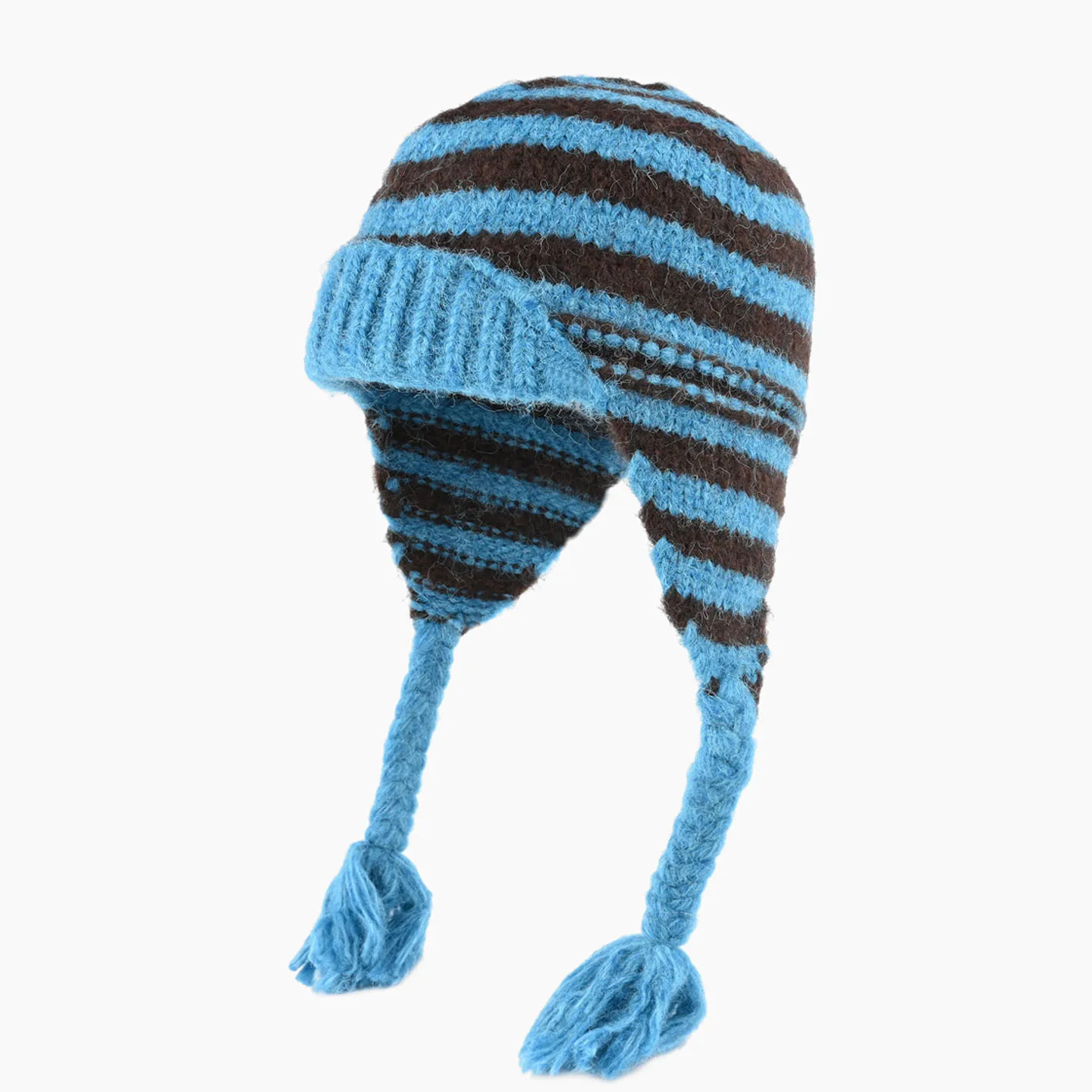 Korean Vintage Striped Color Block Knitted Beanie Women Autumn Winter Warm Ear Flaps Slouch Hat Cable Braid Knitted Bomber Hat
