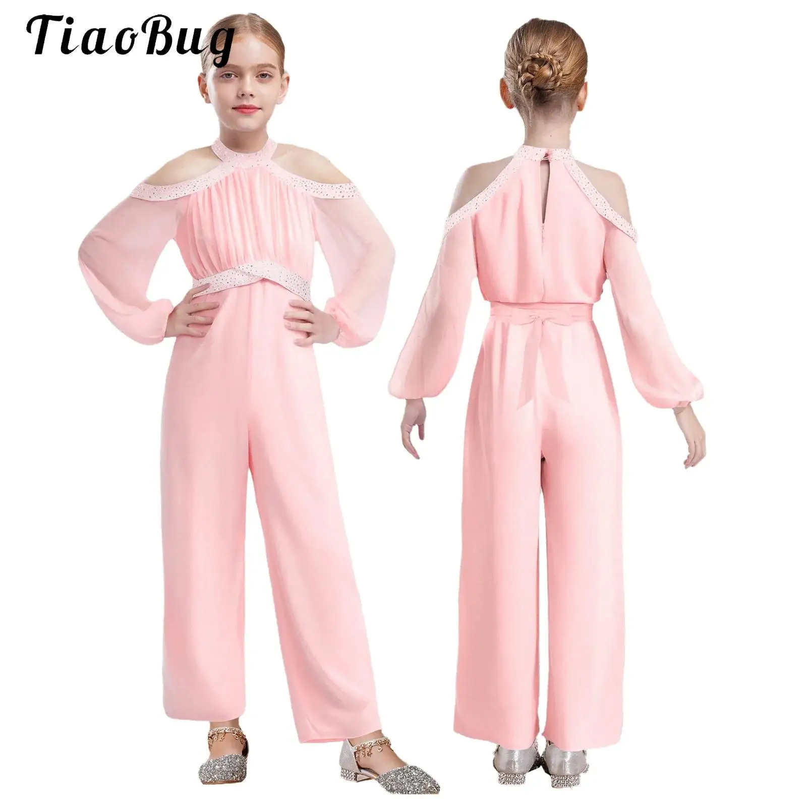 

Elegant Chiffon Jumpsuits for Kids Girls Cold Shoulder Long Sleeve Romper High Waist Banquet Birthday Wedding Party Clothes