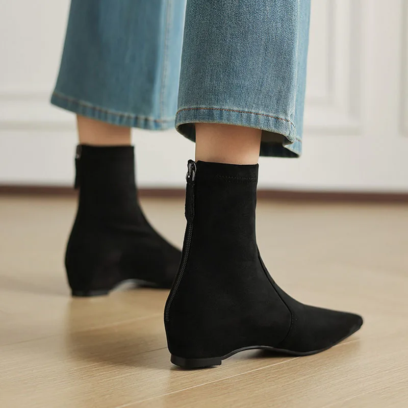 الارتفاع زيادة سليم حذاء من الجلد للنساء أحذية مخملية الصلبة أشار تو الظهر زمم الكعب المتوسط Phoentin FT4246