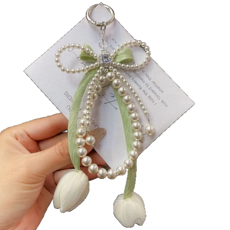 Новый корейский сладкий жемчужный бант, цветок тюльпана, брелок с подвеской в виде сердца, эстетический брелок для ключей для девочек, сумка, подвеска, аксессуары