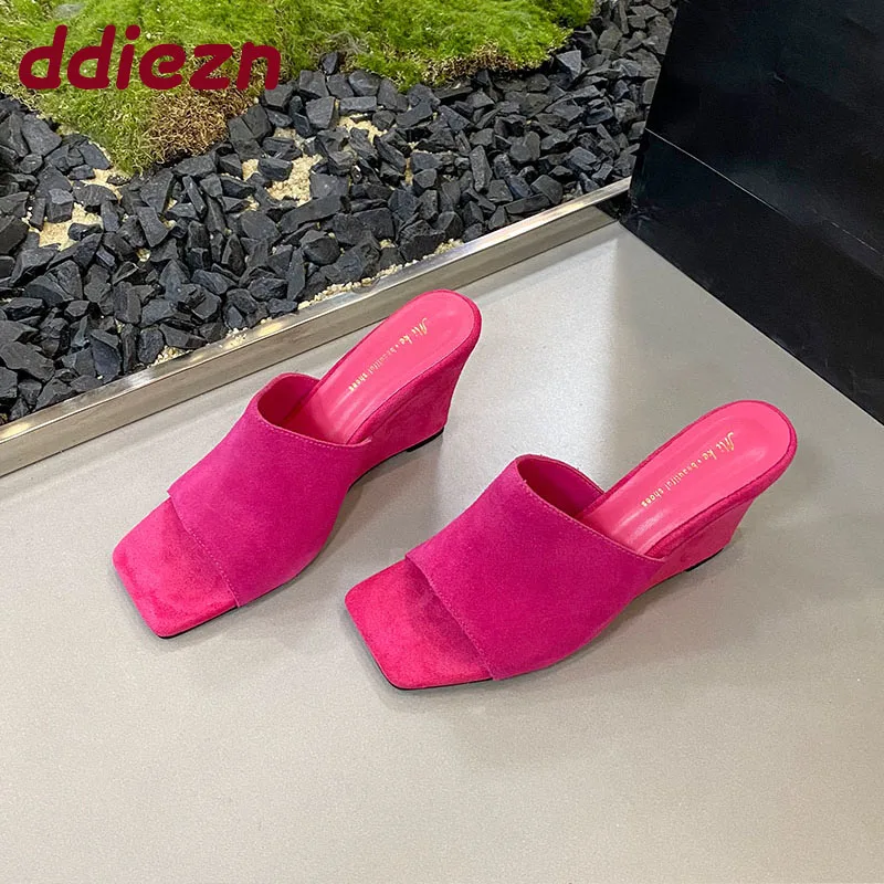 

Fashion Shallow Women Wedges Sandals Shoes 2025 New Female Heeled Footwear Square Toe Ladies Wedges Sandals Slides Shoes