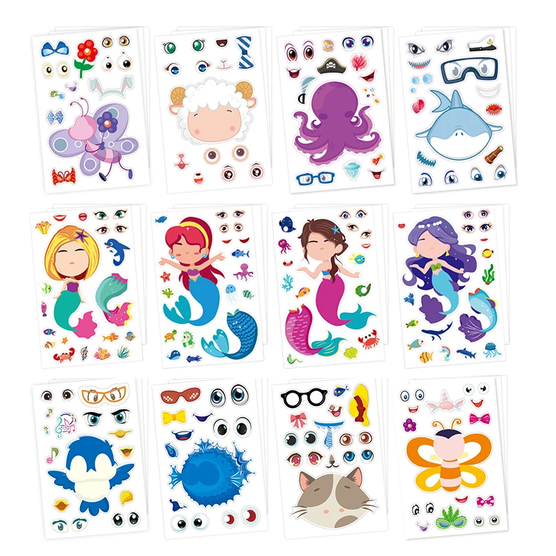 

36/48pcs Children Face Changing Sticker Toy Cartoon Animal Stickers Reusable Waterproof Parent Child Early Education Toys TMZ
