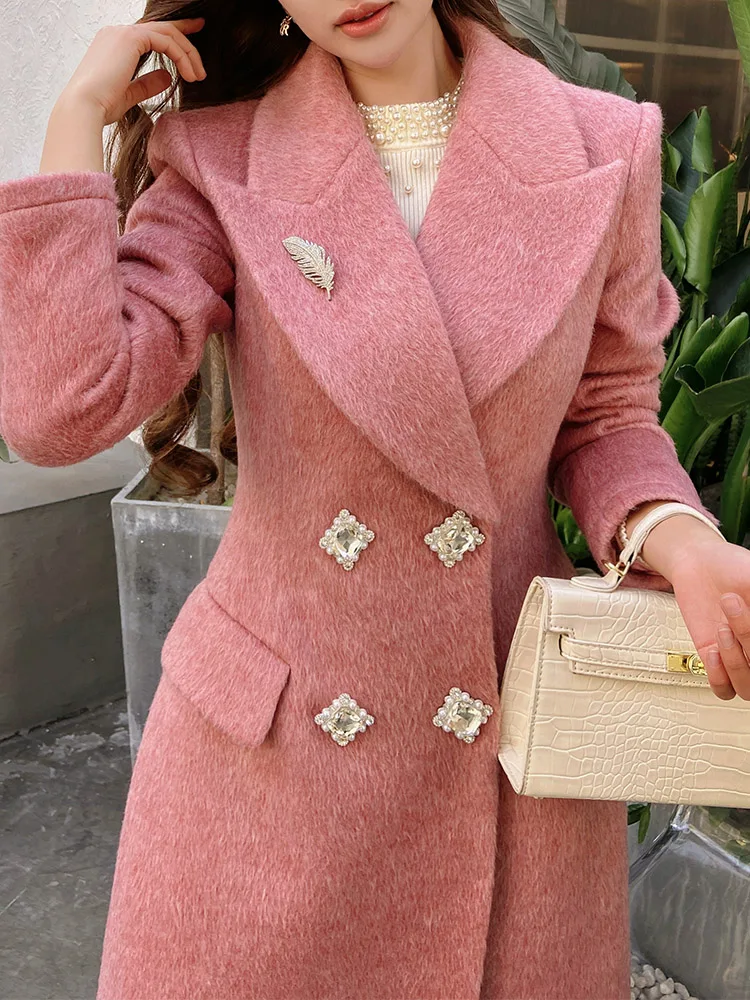 Dabuwawa Notched Double Sided Woolen Long Coat Women New Arrival Epaulet Double Breasted Jacket Elegant Outwear ACGN DM1DCO017