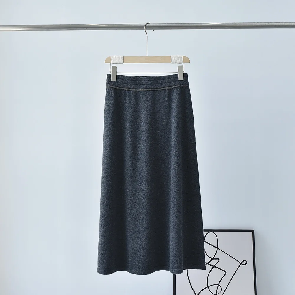 Women\'s Pure Cashmere Skirt, High Waist, Slim, Bead, Chain Splicing, Mid-Length, A-Line, Female, Autumn, New