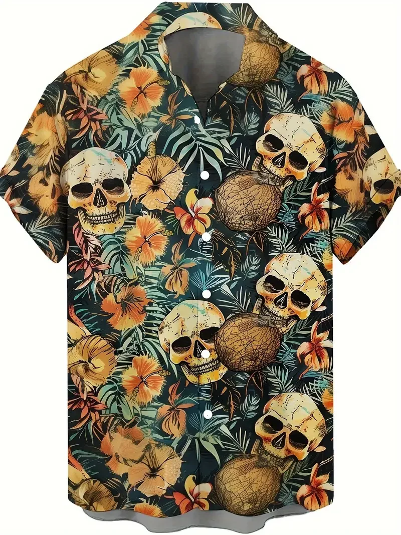 Popular men\'s new product in Europe and America, skull printed short sleeved shirt, button up casual Hawaiian summer shirt