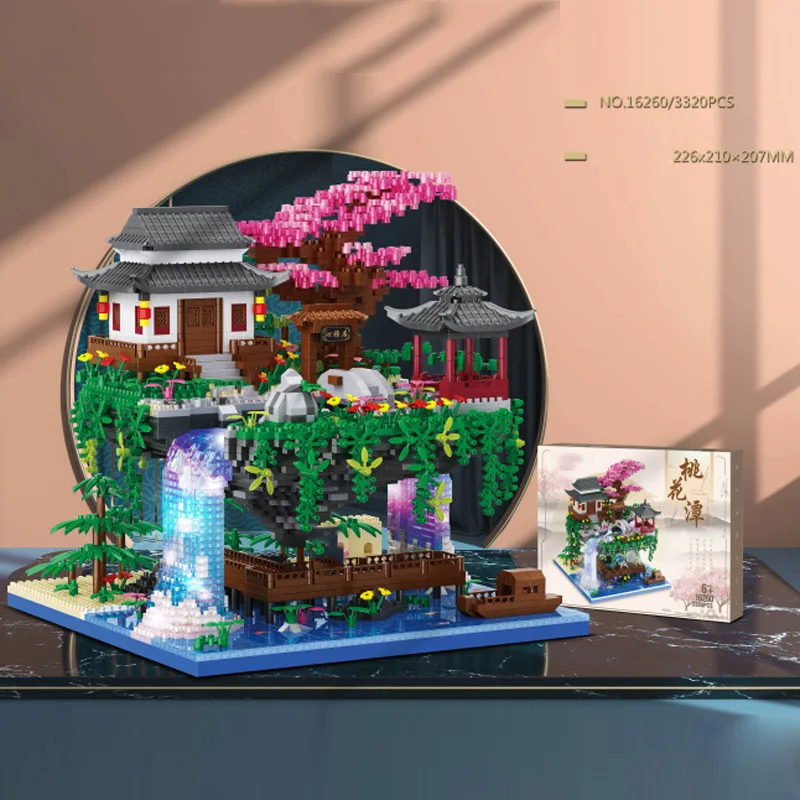 Mountain Forest Architecture Micro Daimond Block Peach Blossom Pool Building Brick Toy Assemble Nanobrick Collection With Light