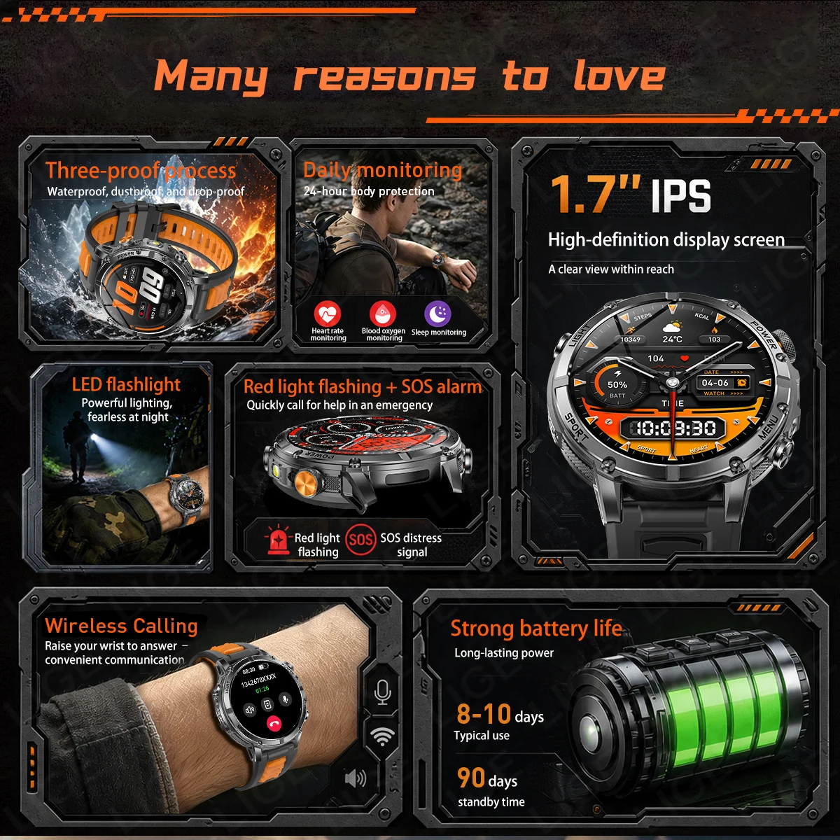 LIGE New 1.7'' HD Screen Smart Watch 1400mAh Big Battery IP68 Waterproof SOS & LED Flashlight Bluetooth Call Outdoor Smartwatch