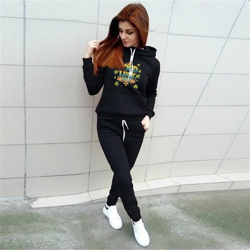 GOOD LUCK CE, GODLUCK Setelan Olahraga Wanita Kasual dengan Hoodie Lengan Panjang dan Celana Berikat Tali, Setelan Olahraga