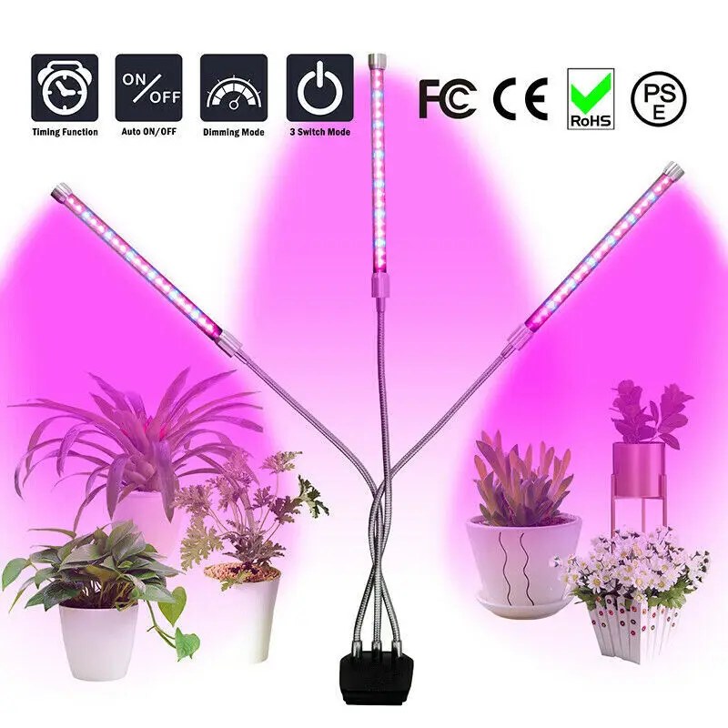 30W Grow Light for Indoor Plants, 3heads Growing Lamps with Adjustable Gooseneck and Stand Full Spectrum & Red Blue Spectrum