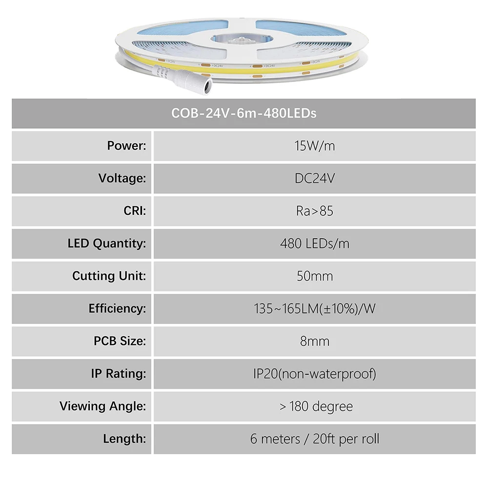 6 metrów pasek COB LED światła 8mm 480 diod Led/m 19,7 stóp wysokiej gęstości elastyczna taśma wstążka 4000K światła LED DC24V