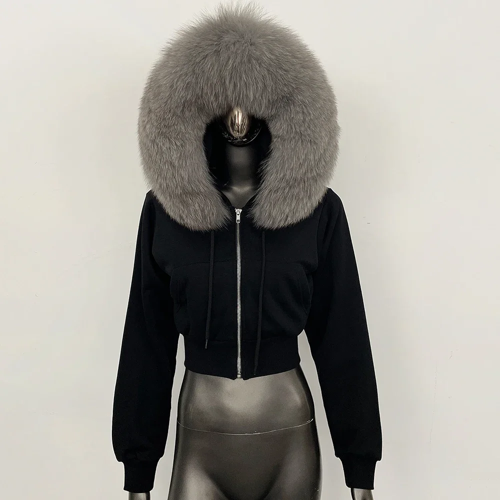 OFTBUY Lässige neue Winter-Oberbekleidung für Damen, echte Fuchspelz-Kapuzenjacke, kurze Jacke mit Reißverschluss und flauschigem Waschbärpelzbesatz. – Detail 18