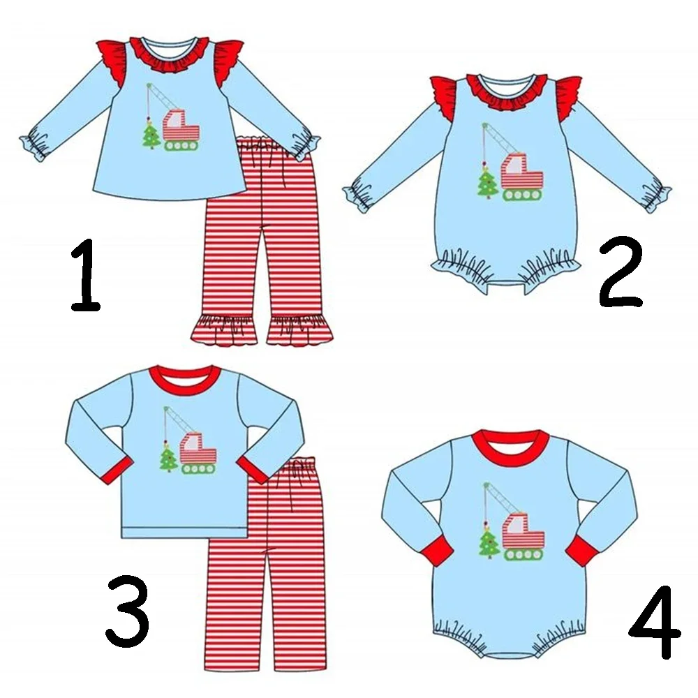 New children's Christmas clothing set blue top red striped pants crane Christmas tree print baby boutique milk silk clothing