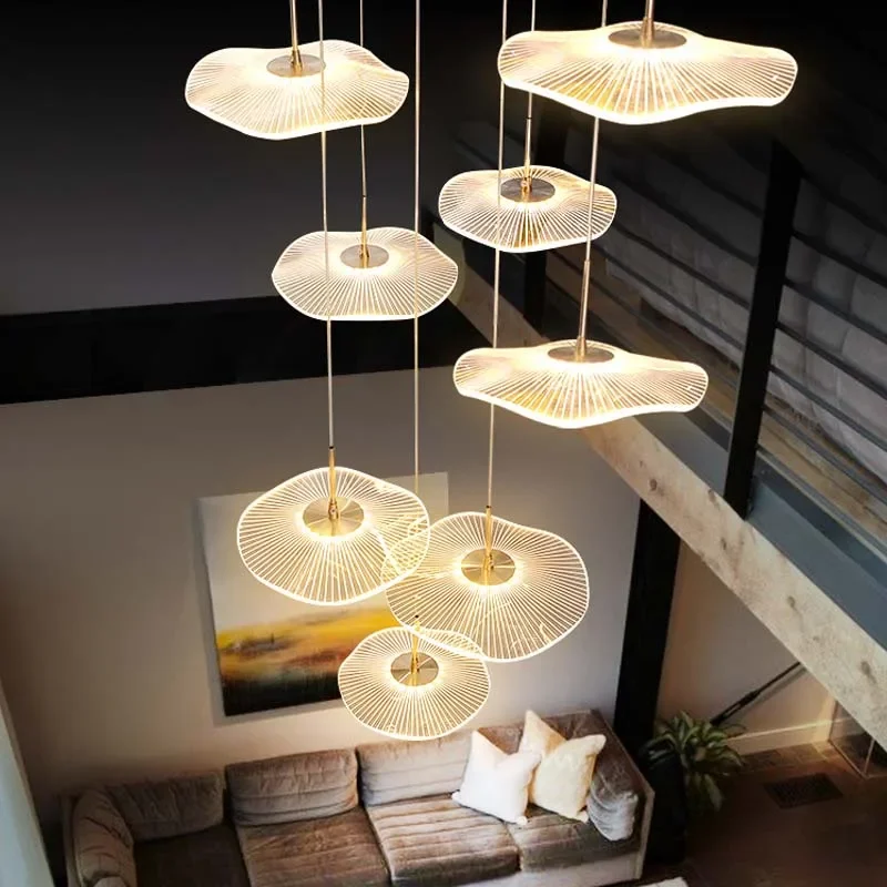 Imagem -02 - Modern Led Lotus Chandelier para Escadaria Sala de Jantar Gold Indoor Pendurado Lâmpada Nordic Loft Long Creative Luminária