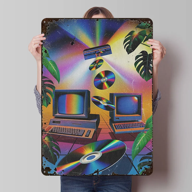 Retro Computer and CD Landscape Printed Poster Customized Wall Art Retro Vintage Metal Tin Signs for Decoration Home Decorations