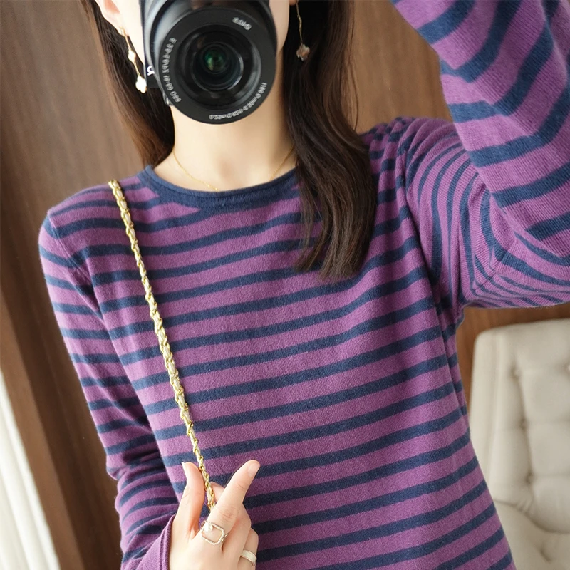 Cotton long sleeved pullover round neck spring and autumn new women's casual sports color blocked top