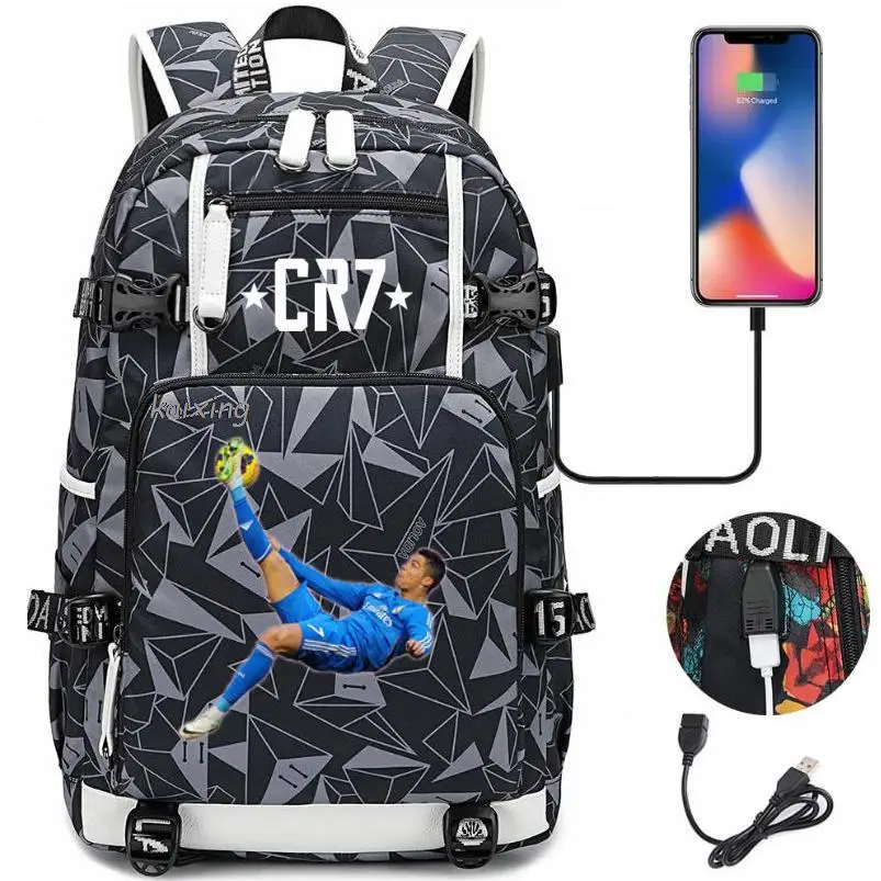 Fashion CR7 Backpack USB Charging School Bag 15.6 Inch Laptop Backpack Female Male Book Bag Bagpacks Waterproof Teens Back Pack