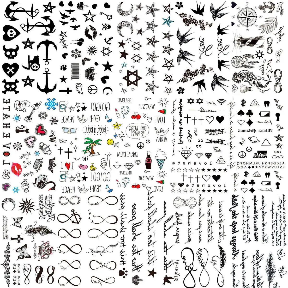 

15 Sheets Small Temporary Tattoos For Kids Women Men Finger Fake Tattoo Stickers Letter infinity Star Moon Black Tatoos Paste