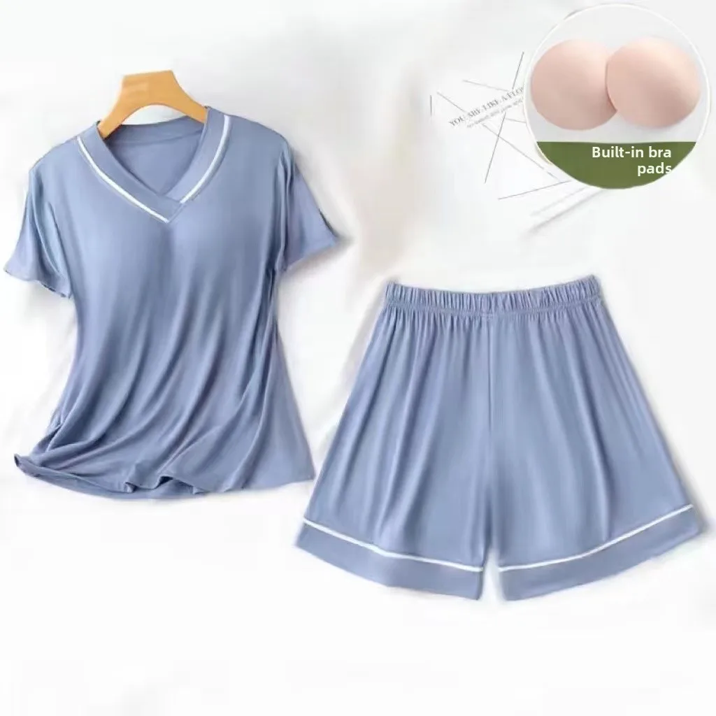 

Summer Women's Spwear Set with Chest Pad V-Ne ort Sve ort Pants Comfortable Simple Home Clothes Pure Color