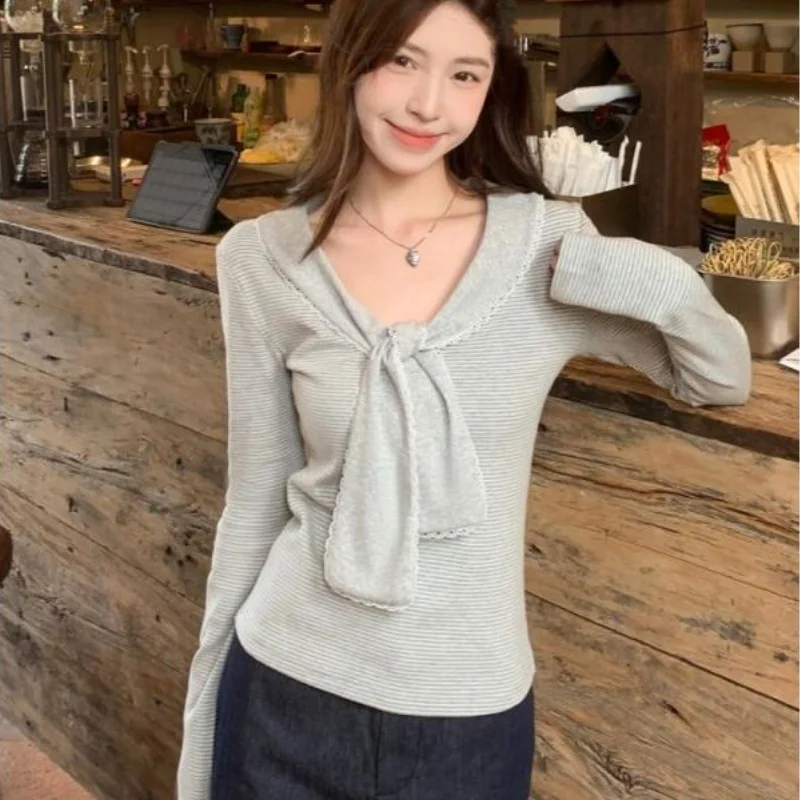 

Fashion Striped Lace Long Sleeve T-Shirt Women Spring and Summer New Slim Fit Versatile Stand Collar Cotton Long Sleeve Top