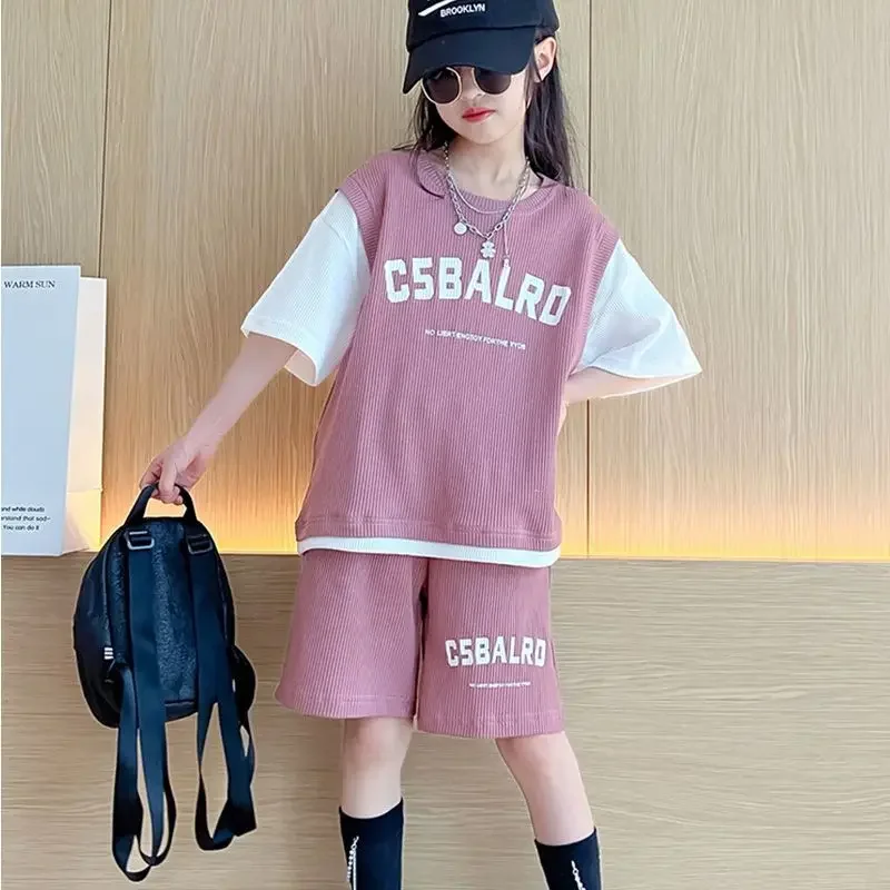 

Summer Children Girls Clothes Set Kid Patchwork Letter Printed T-shirts and Shorts 2pcs Suit Teenage Fashion Top Bottom Outfits