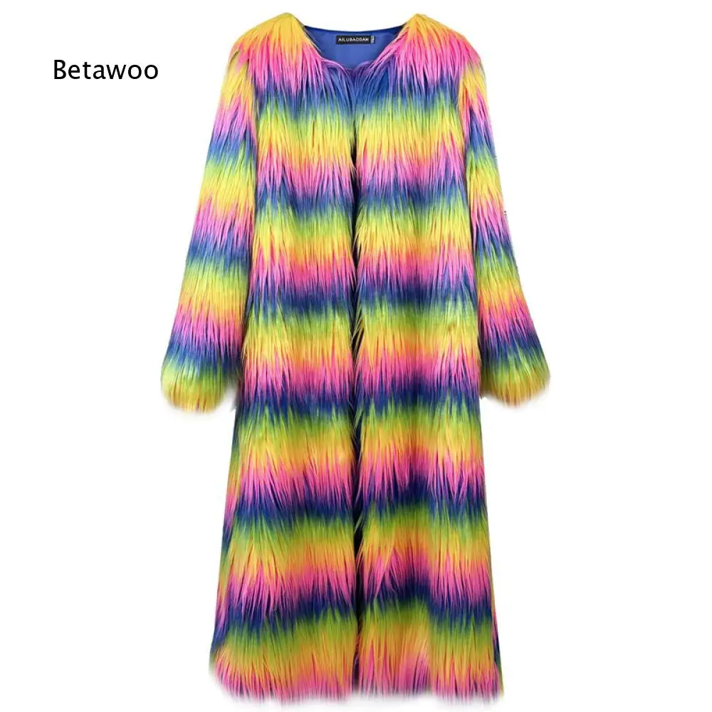Women Rainbow Striped Shaggy Faux Fur Coat Long Sleeve Open Front Long Length Outerwear for Carnival Party and Stage Shows