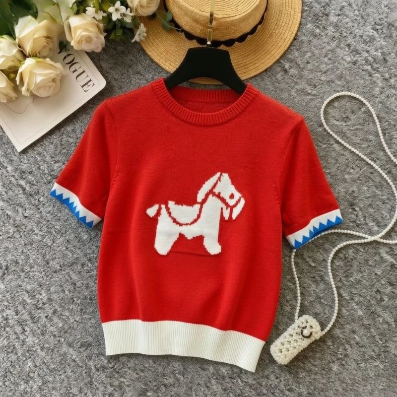 Women Red Crew Neck Knit Pullover Short Sleeve White Horse Jacquard Color Block Stretchy Cute Summer Casual Knit Sweater Top