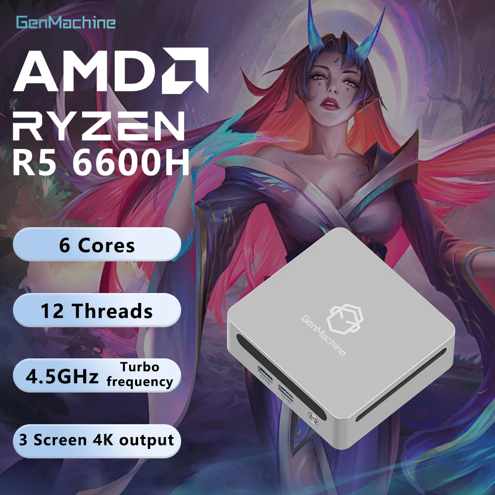 

Genmachine Mini PC Ren6000 6600H 2.5G LAN USB4 DDR5 16G Windows 11 Ryzen WiFi 6 Gaming PC Display Diy Gaming Computer Gamer Pc