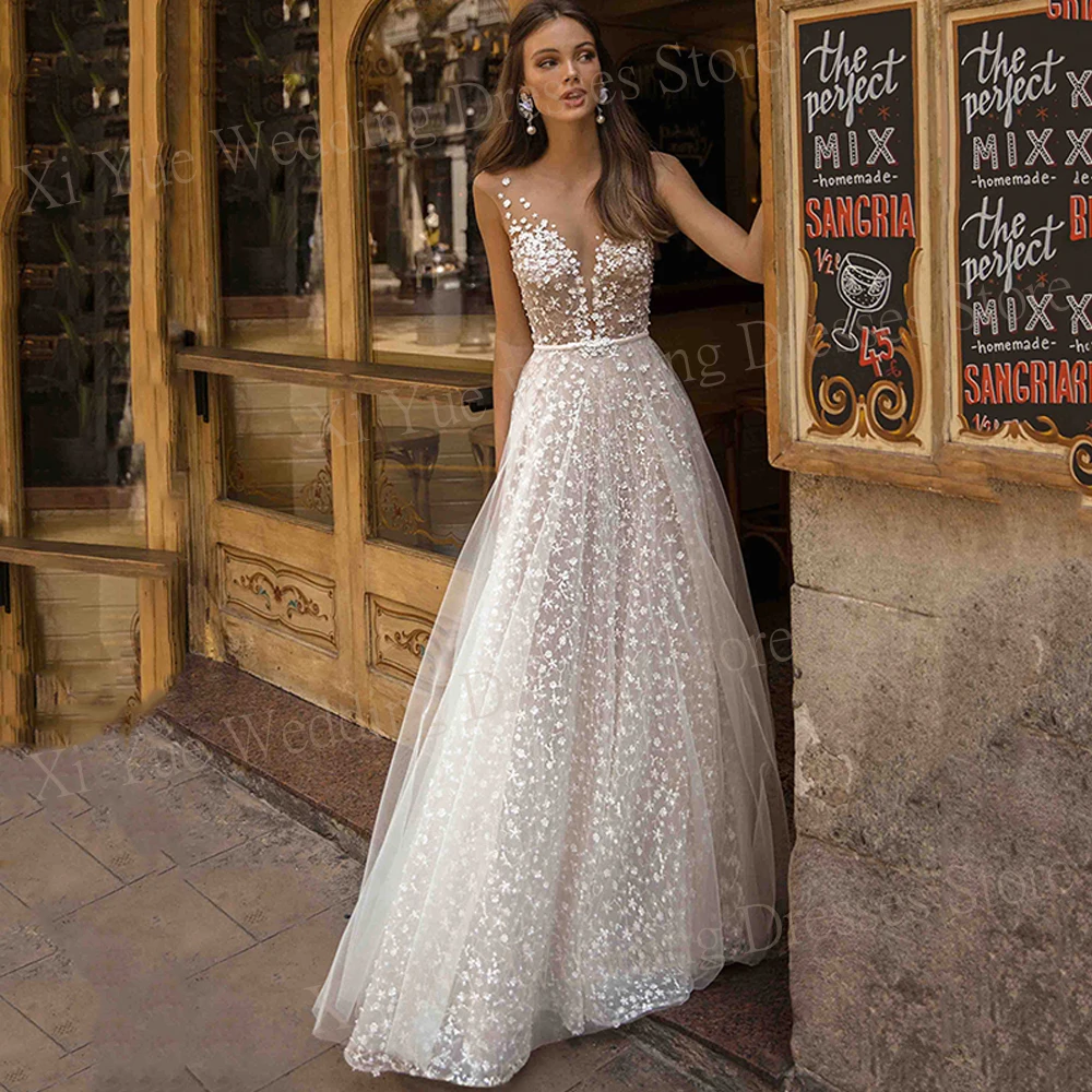 

Boho Sexy Deep V Neck Wedding Dresses Glamorous A-Line Lace Bride Gowns Sweep Train Backless Sleeveless Vestidos De Novias 2024