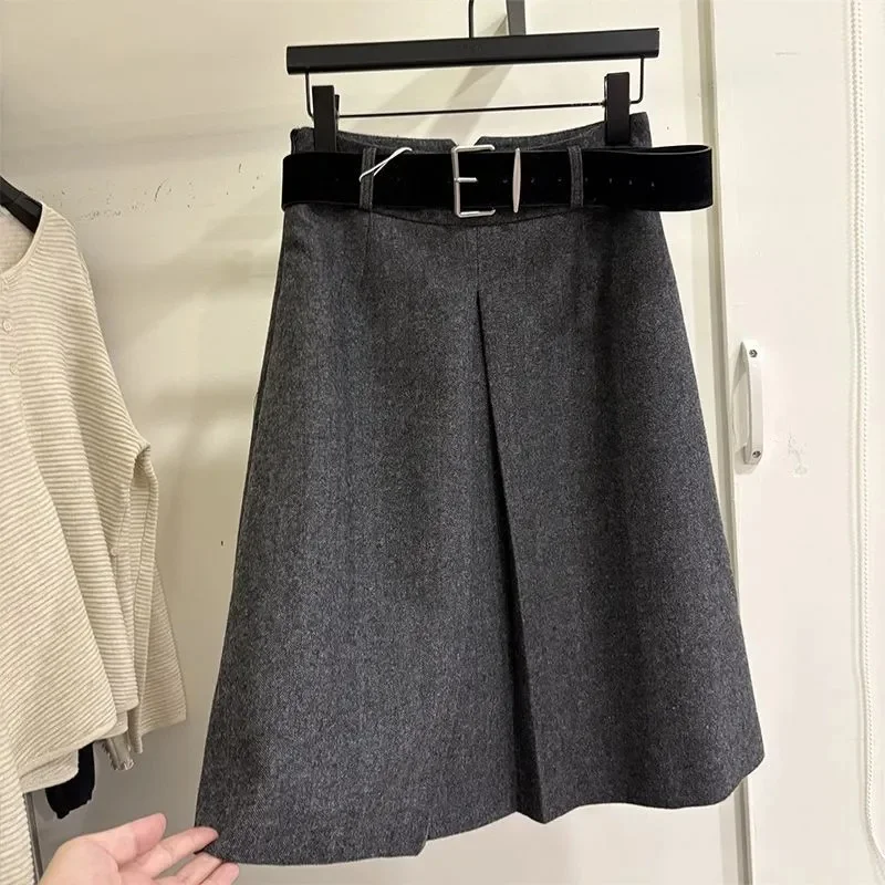New Fashion Woolen Skirt Women Autumn Winter Elegant High Waist A-line Pleated Solid Color Office Lady Skirts Women's Clothing
