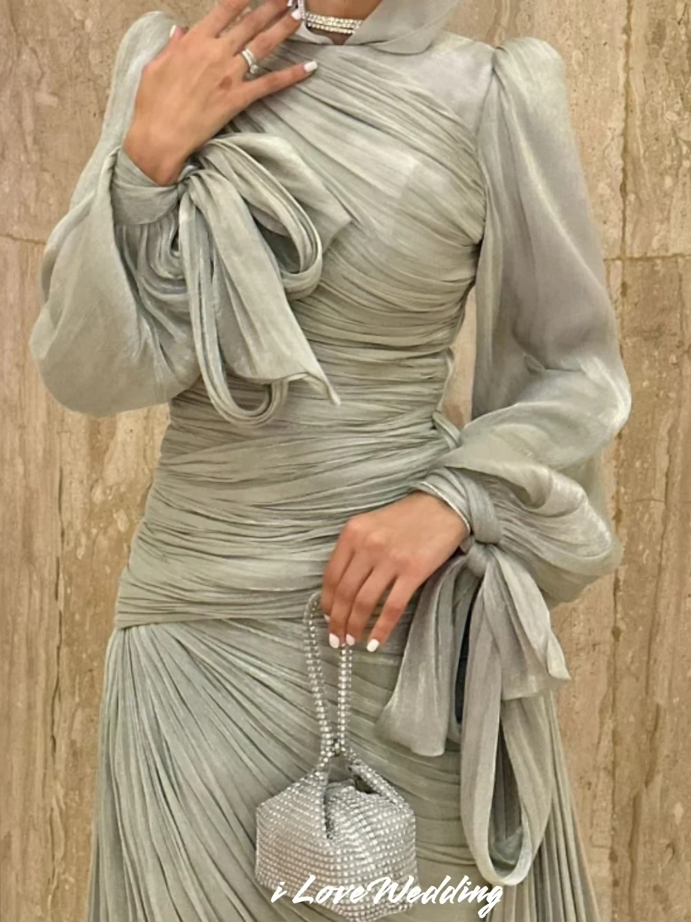 Elegant Long Sleeve Evening Dresses 2025 Satin Pleat Mermaid with Hat Saudi Arabia Sweep Train W Edding Party Dress Customized