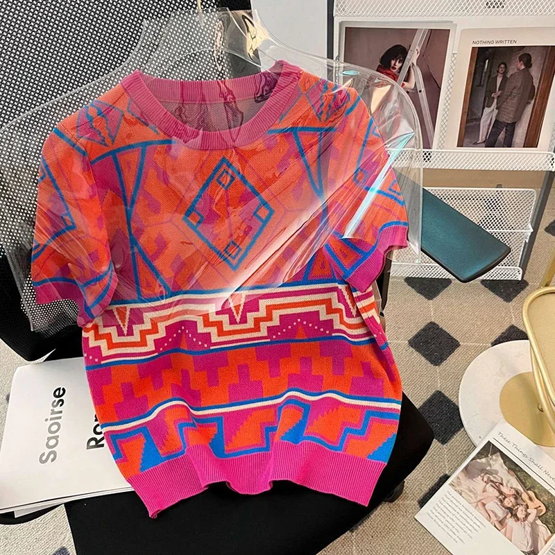 

Korean Fashion Patchwork Geometric Pattern Sweater Women Short Sleeve Knitted Pullover O-Neck Tops 2024 Spring Summer Z735