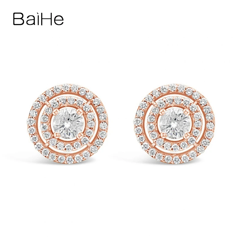 BAIHE Solid 18K White/Yellow/Rose Gold 1.10ct H/SI Natural Diamond Round Stud Earrings For Women Men Trendy Wedding Fine Jewelry