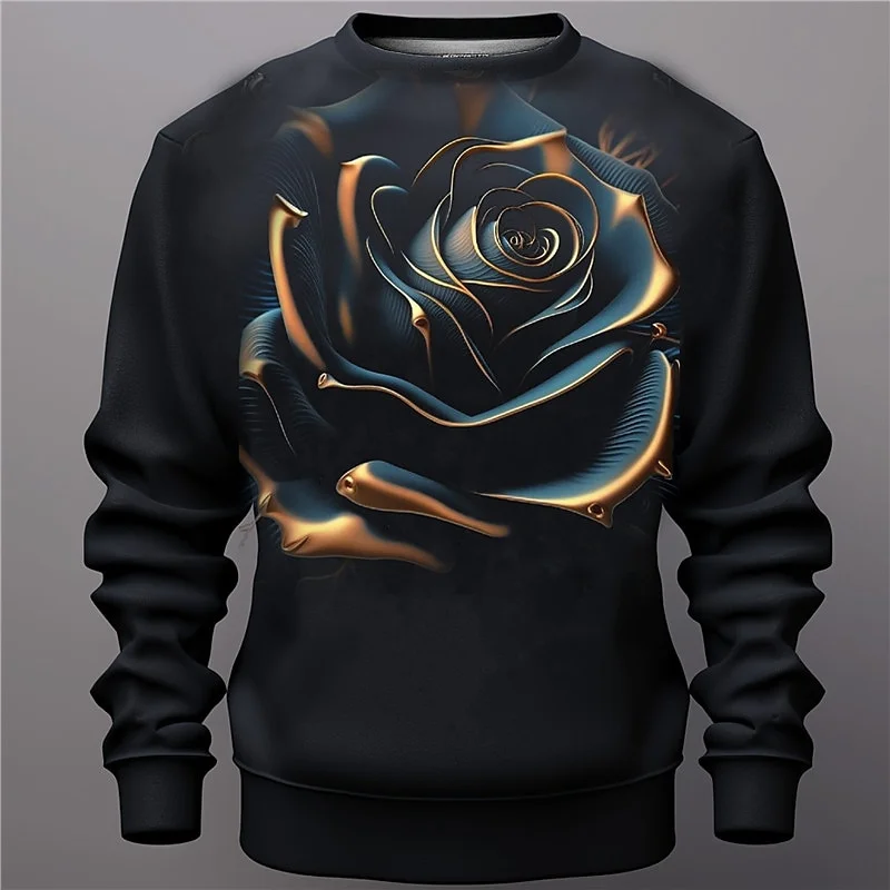 3D Printed Rose Flower Hoodie For Men Colorful Plants Pattern Sweatshirts Autumn Long Sleeve Round Neck Loose Unisex Hoodies