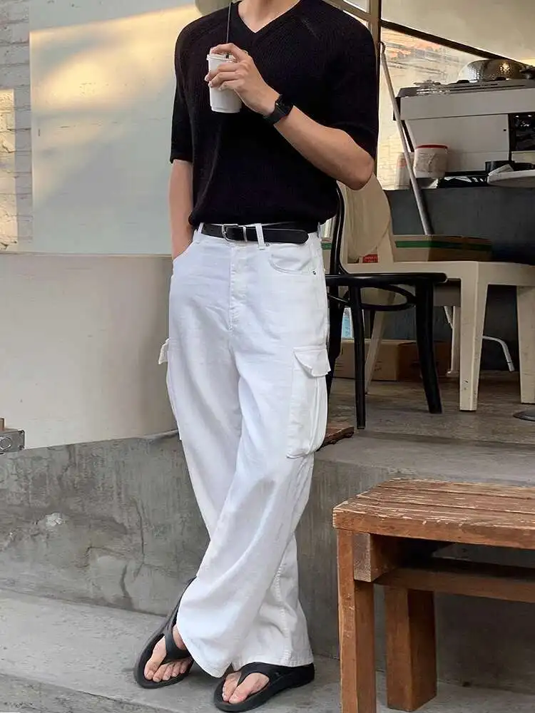 SYUHGFA Solid Color Men's Cargo Trousers Niche Design Straight American Style Loose Wide Leg Loose Male Pants New 2025 Summer