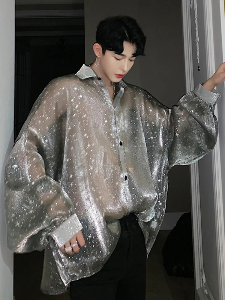 

Fashionable Men's Translucent Thin Shirt Niche Star Print Design Korean Style 2022 New Loose Solid Color Blouse 2Y1129