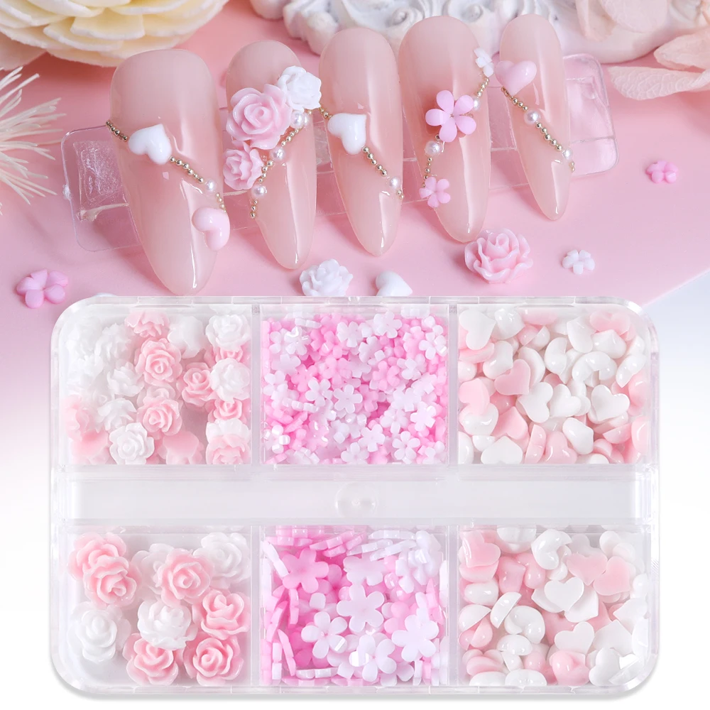 Romantic Camellia Flower Nail Art Charms Korean Manicure Decorations Pink White Flowers Love Heart Resin DIY Nails Accessories