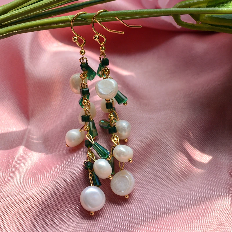 New Arrival Trendy Green Crystal & Natural Freshwater Pearl 14K Gold Filled Female Tassels Drop Earrings Jewelry For Women Gifts