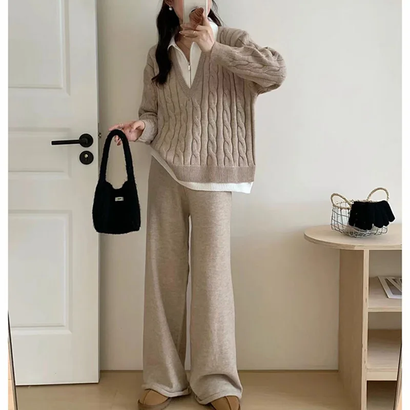 

SuperAen 2024 Autumn Lapel Collar Loose Two Piece Dough Twists Sweater Wide Leg Pants Knitted Thickened Two Pieces Set