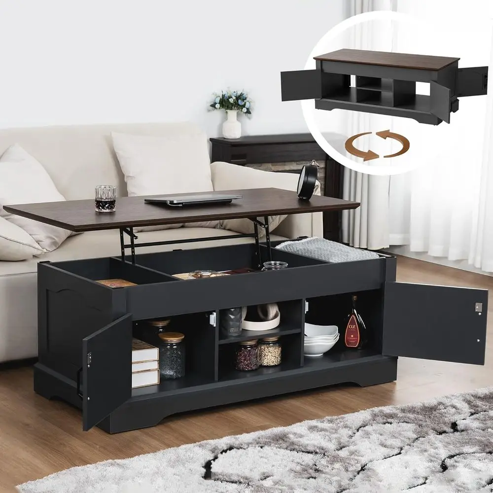 

Rustic Gray Wooden Coffee Table with Storage and 2-Sided Cabinet for Living Room