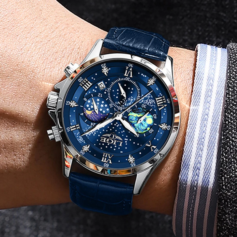 LIGE Men Watches New Fashion Leather Waterproof Luminous Top Brand Luxury Mens Quartz Big Wristwatch Men Relogio Masculino+box