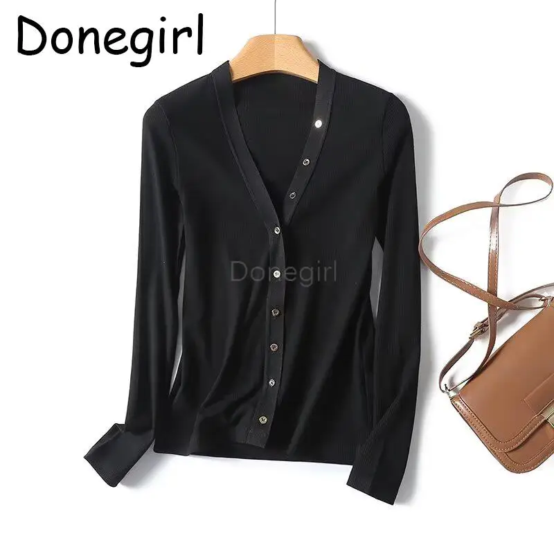 Donegirl 2024 Spring Autumn New Women Fashion V-neck Ribbing Knitted Sweater Solid Simple Slim Elegant Cardigan Female Tops Chic