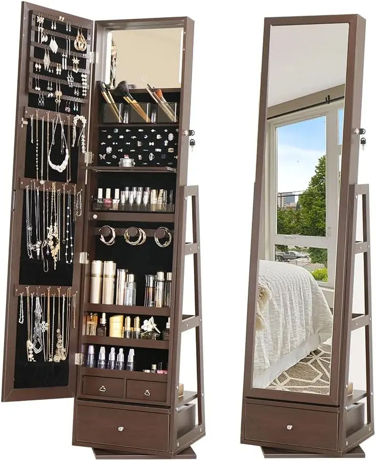 

360 Swivel Full Length Mirror Jewelry Cabinet Standing With Built - 63.7 H Armoire With Mirror & 3 Drawers, Lockable Storage