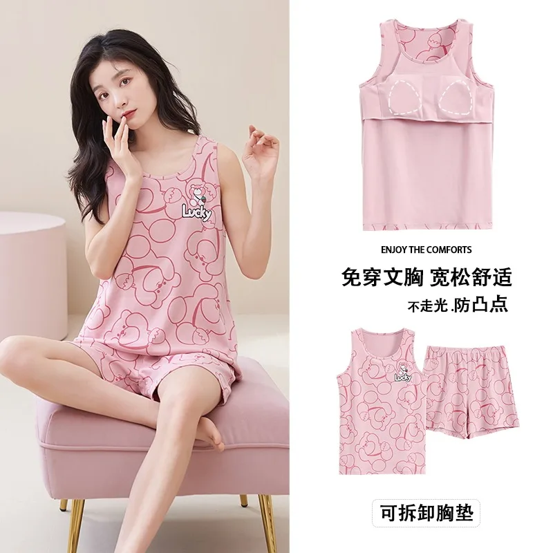 Lady Pajamas Set M-3XL Big Size Shorts O-Neck Sleepwear with Bra pad for Women Cotton Comfortable Casual Pijamas for Woman