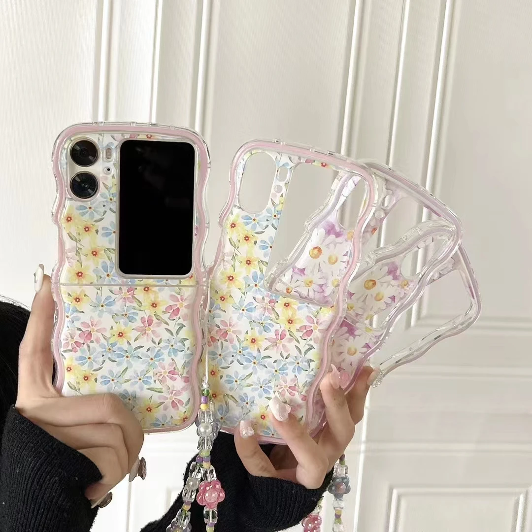 For Oppo Find N2 Flip Find N3 Flip Unique Colorful Flower Crystal Pearl Chain Wrist Strap Wave Phone Case Cover