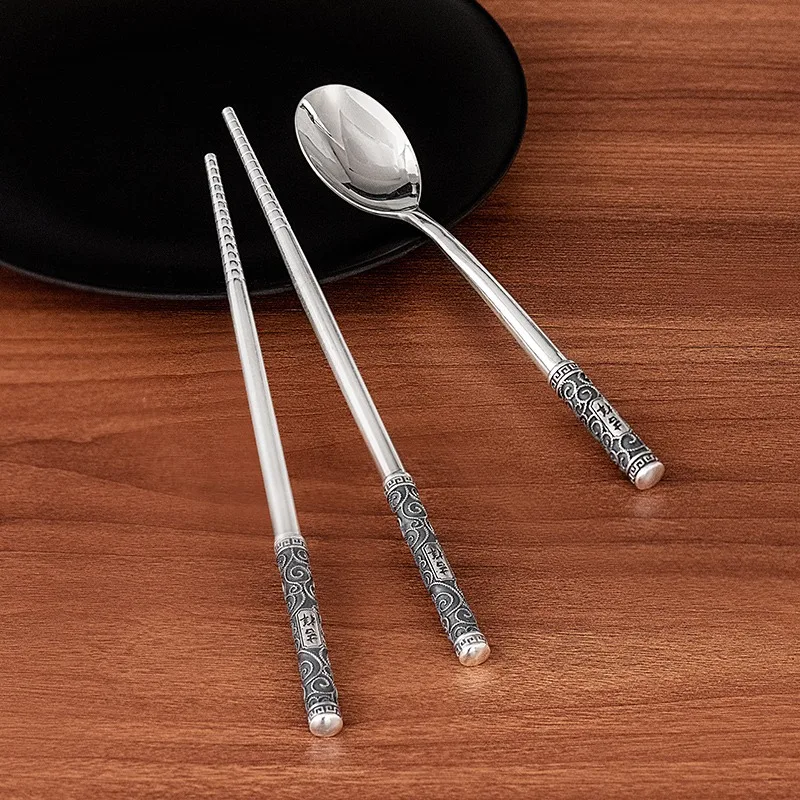 High-End Chinese Silver 99.9% Solid Wealth Auspiciousness Chopsticks Spoons Anti-Slip Anti-Mold Practical Tableware Set