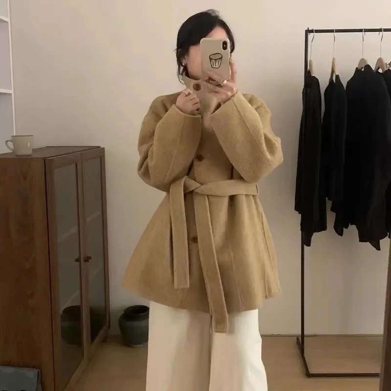 معطف شتوي نسائي طويل من الصوف Sve بحزام خصر وربطة عنق وزر واحد متعدد الاستخدامات مقاس صغير ملابس خارجية Faion #3