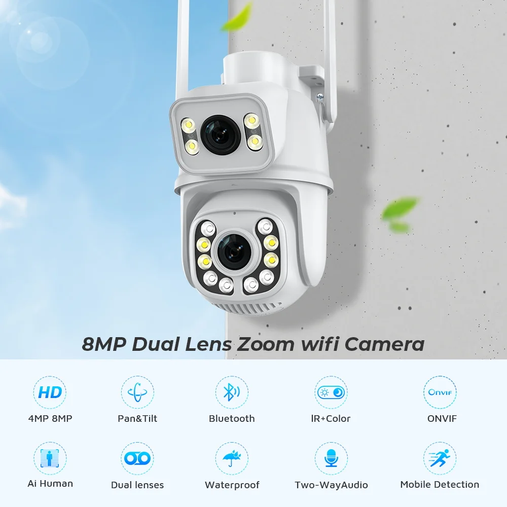 ABUNTU 8MP 4K WIFI Camera Outdoor Dual Screen Dual Lens PTZ IP Camera Night Vision CCTV Surveillance Camera Auto Tracking ICSEE